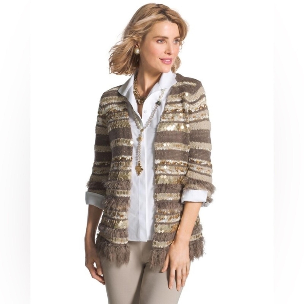 Chico's Taupe, Cream & Gold Striped Open-Front Sweater Cardigan